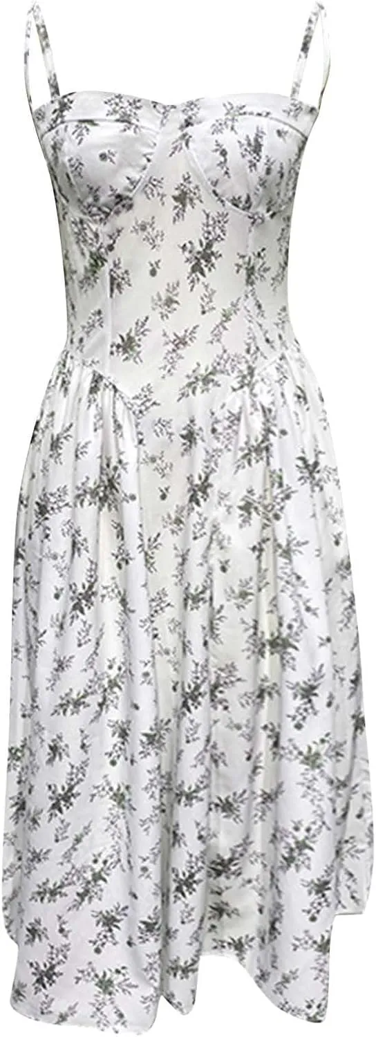 Wedding Guest Dresses for Women Elegant Spaghetti Strap Midi Dress Flowy Pleated Hem Low Cut Prom Dresses