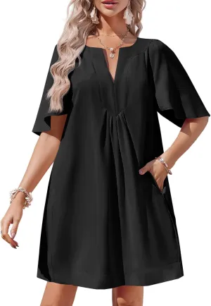 Wenrine Womens Flutter Short Sleeve Mini Dress Casual V Neck Loose Flowy Summer Dresses
