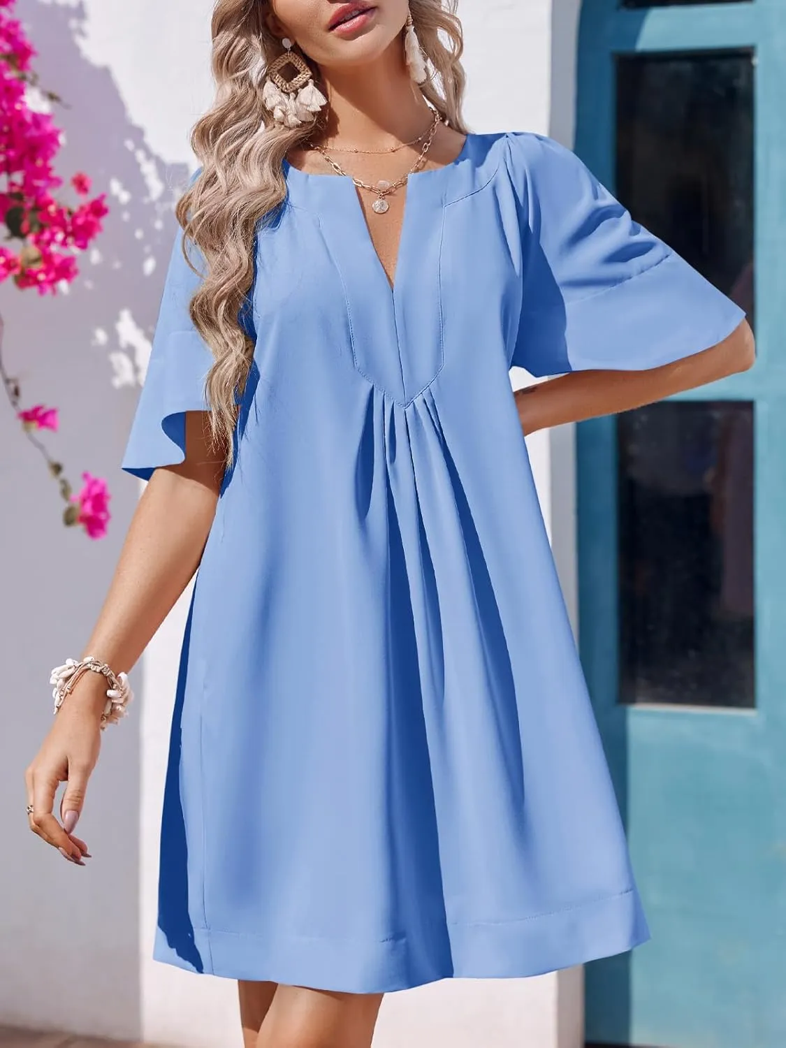 Wenrine Womens Flutter Short Sleeve Mini Dress Casual V Neck Loose Flowy Summer Dresses