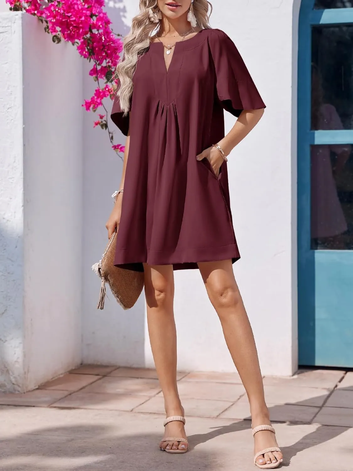 Wenrine Womens Flutter Short Sleeve Mini Dress Casual V Neck Loose Flowy Summer Dresses