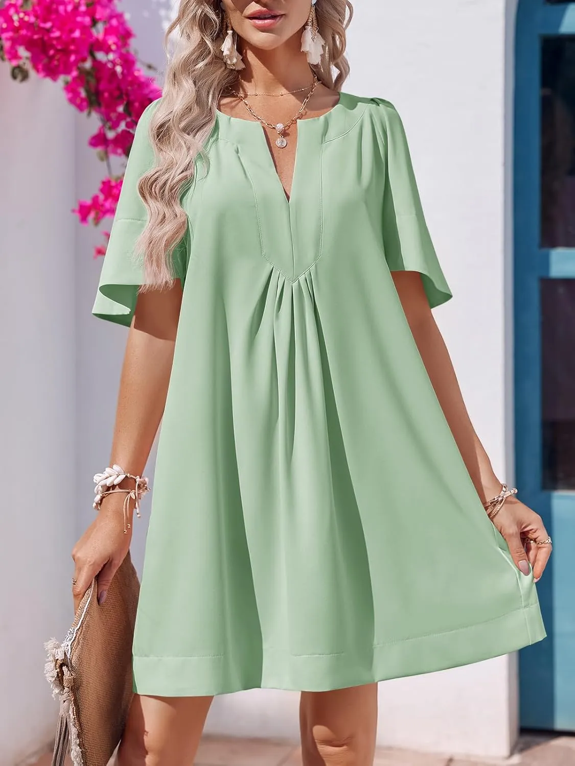Wenrine Womens Flutter Short Sleeve Mini Dress Casual V Neck Loose Flowy Summer Dresses