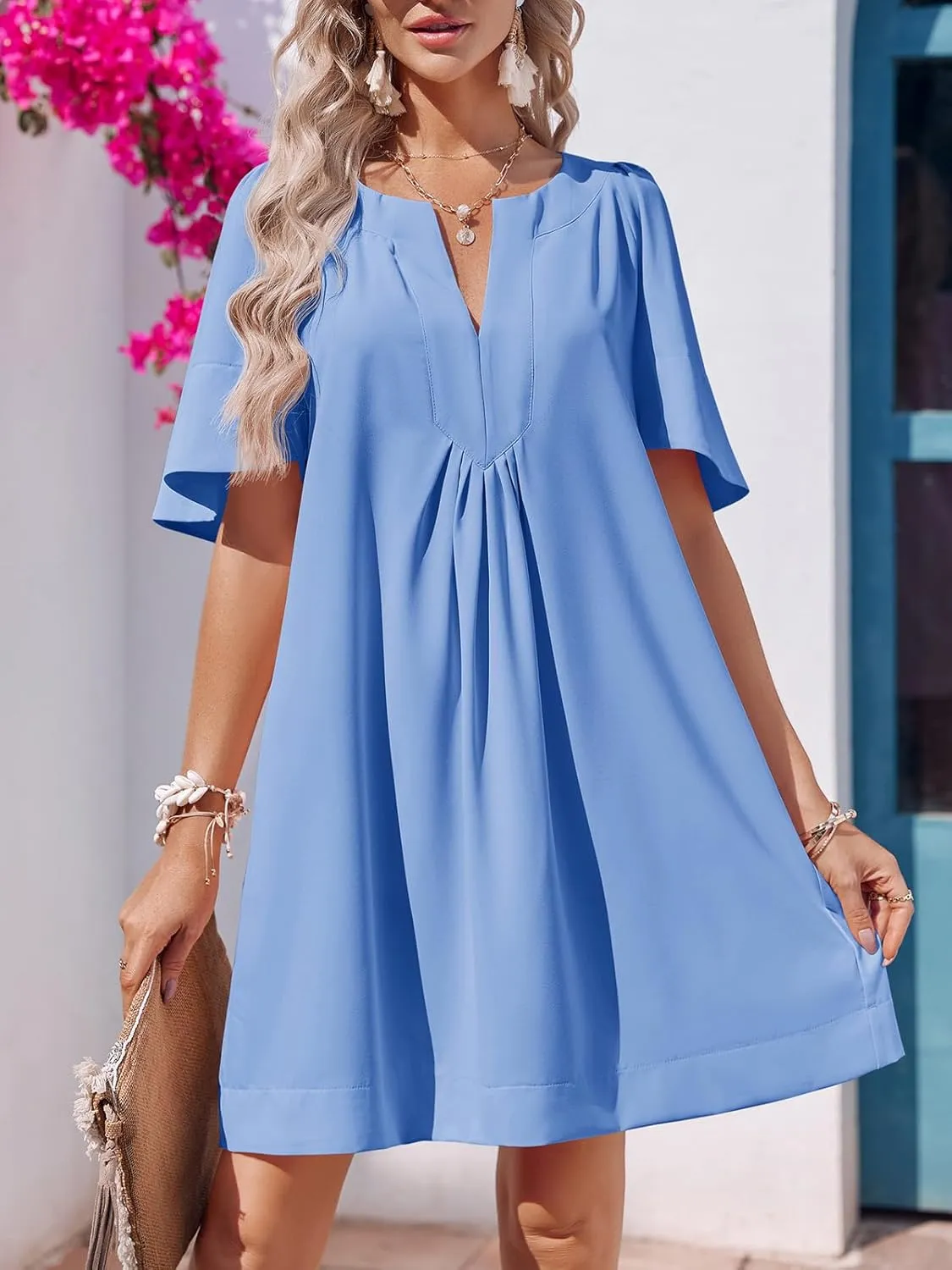 Wenrine Womens Flutter Short Sleeve Mini Dress Casual V Neck Loose Flowy Summer Dresses