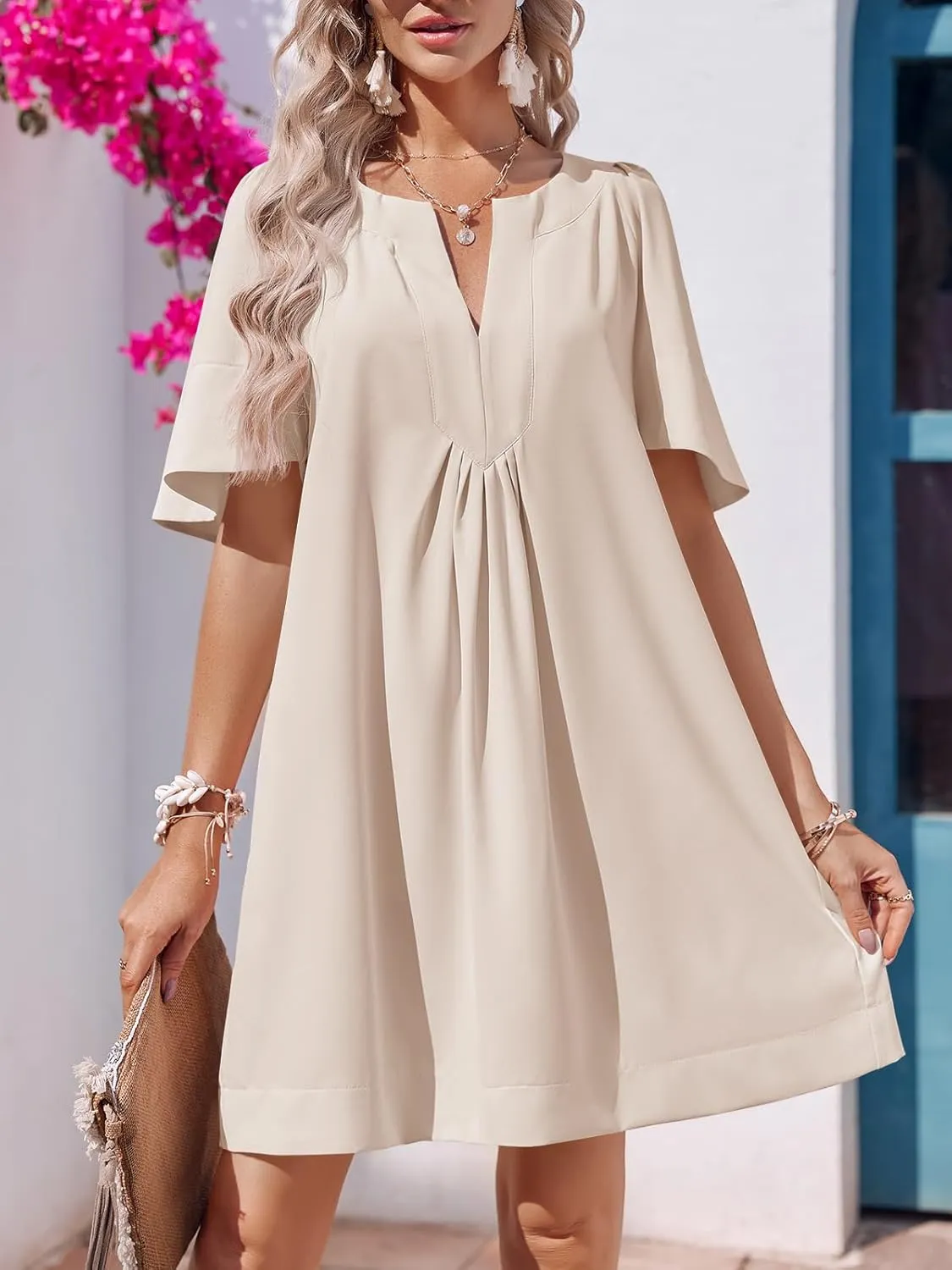 Wenrine Womens Flutter Short Sleeve Mini Dress Casual V Neck Loose Flowy Summer Dresses