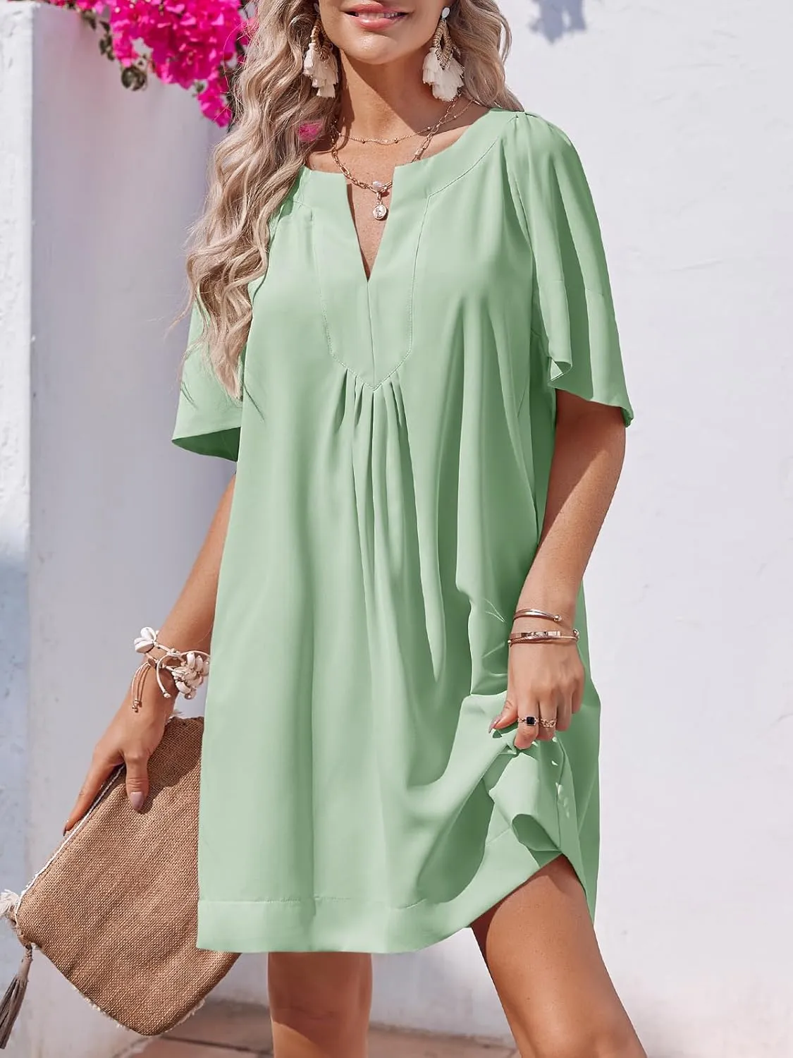Wenrine Womens Flutter Short Sleeve Mini Dress Casual V Neck Loose Flowy Summer Dresses