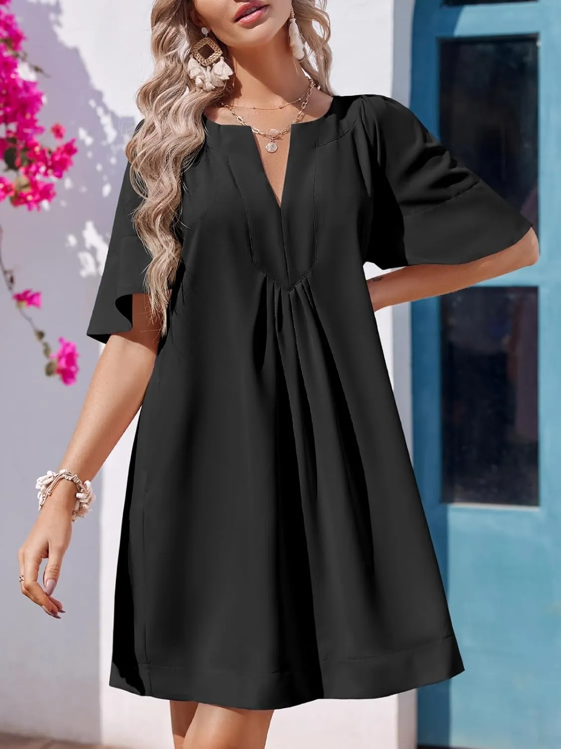 Wenrine Womens Flutter Short Sleeve Mini Dress Casual V Neck Loose Flowy Summer Dresses