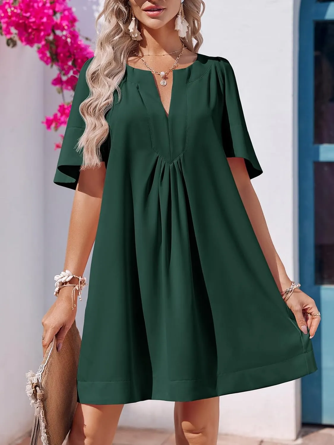 Wenrine Womens Flutter Short Sleeve Mini Dress Casual V Neck Loose Flowy Summer Dresses