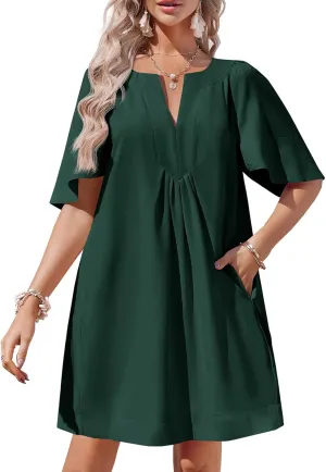 Wenrine Womens Flutter Short Sleeve Mini Dress Casual V Neck Loose Flowy Summer Dresses