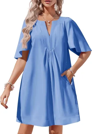 Wenrine Womens Flutter Short Sleeve Mini Dress Casual V Neck Loose Flowy Summer Dresses