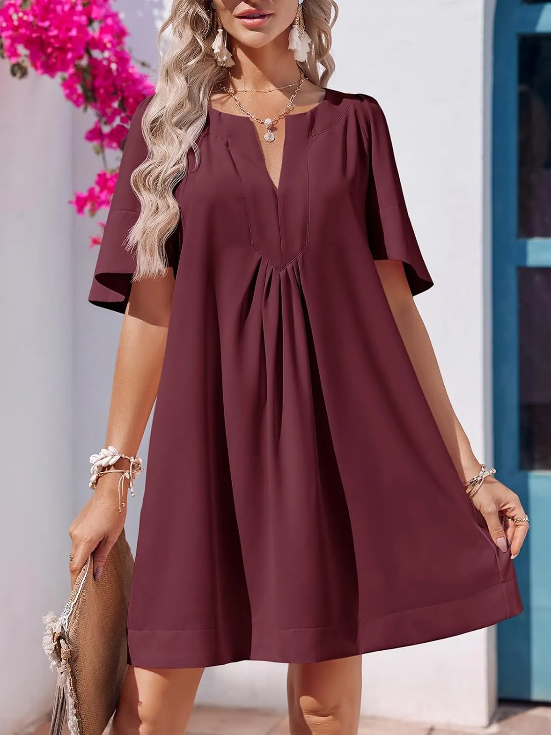 Wenrine Womens Flutter Short Sleeve Mini Dress Casual V Neck Loose Flowy Summer Dresses