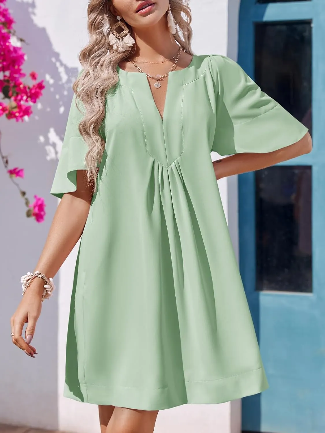 Wenrine Womens Flutter Short Sleeve Mini Dress Casual V Neck Loose Flowy Summer Dresses