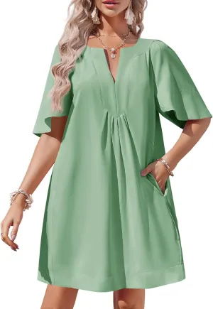 Wenrine Womens Flutter Short Sleeve Mini Dress Casual V Neck Loose Flowy Summer Dresses