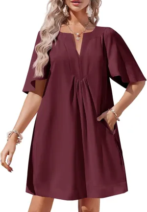 Wenrine Womens Flutter Short Sleeve Mini Dress Casual V Neck Loose Flowy Summer Dresses