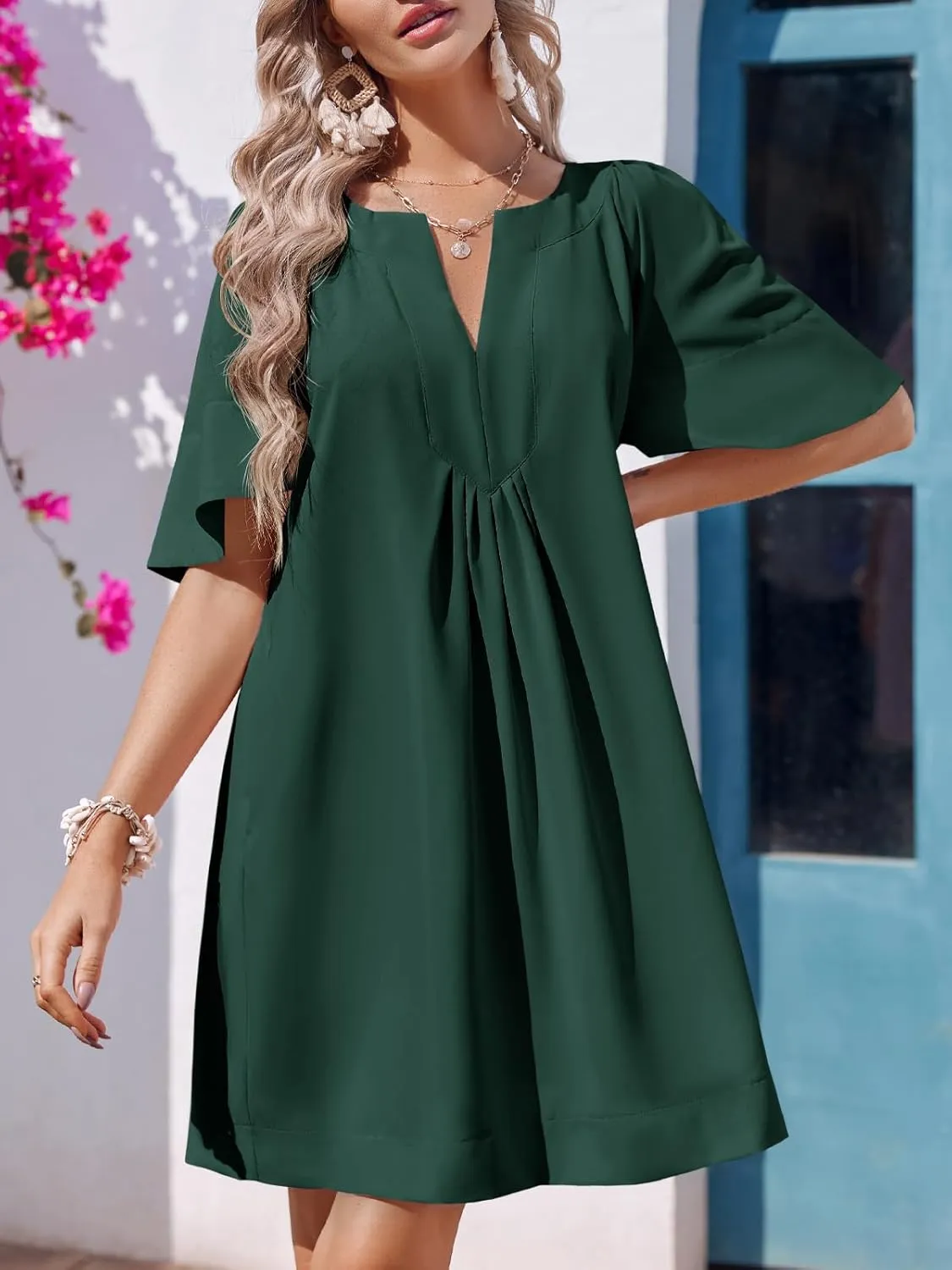 Wenrine Womens Flutter Short Sleeve Mini Dress Casual V Neck Loose Flowy Summer Dresses