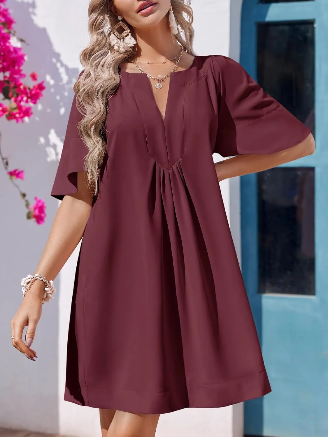 Wenrine Womens Flutter Short Sleeve Mini Dress Casual V Neck Loose Flowy Summer Dresses