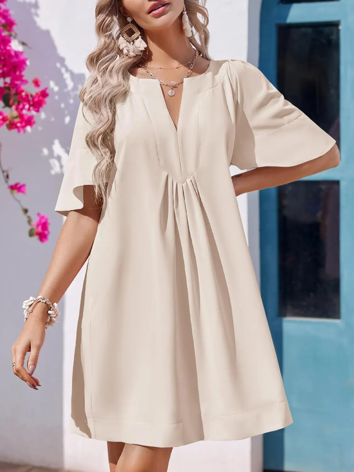 Wenrine Womens Flutter Short Sleeve Mini Dress Casual V Neck Loose Flowy Summer Dresses