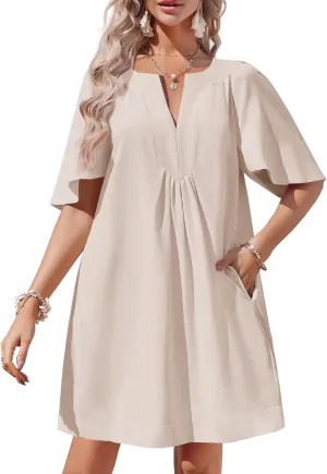 Wenrine Womens Flutter Short Sleeve Mini Dress Casual V Neck Loose Flowy Summer Dresses