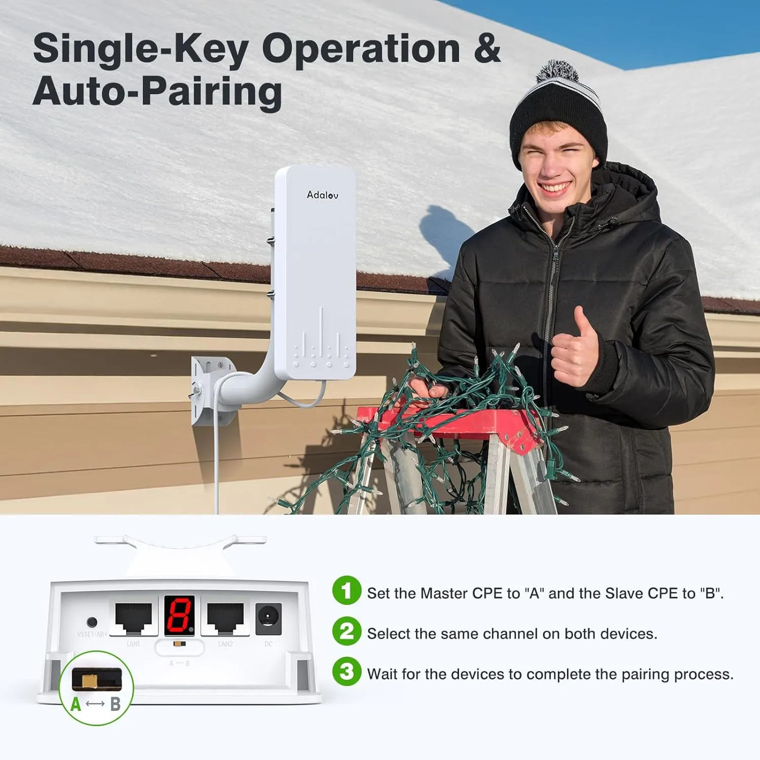 Wireless Bridge with 2 Bracket Mounts, 3KM 5.8G Point to Point Outdoor CPE, Adalov CPE660 Long Range WiFi Bridges for PtP/PtMP with 14DBi High Gain Antenna, PoE Adapter, 2 RJ45 Ethernet Port, 2 Pack