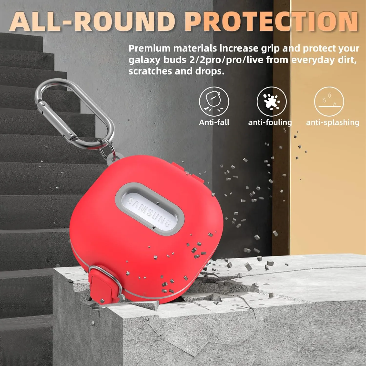 WOFRO Secure Lock Case for Samsung Galaxy Buds Pro/2/Live/FE, Shock-Absorbing Protective TPU Hard Shell Cover With Lanyard/Keychain (Red)