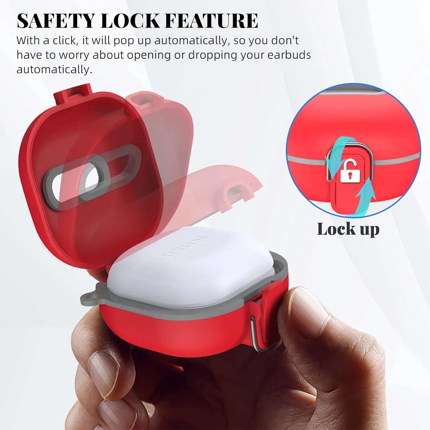 WOFRO Secure Lock Case for Samsung Galaxy Buds Pro/2/Live/FE, Shock-Absorbing Protective TPU Hard Shell Cover With Lanyard/Keychain (Red)