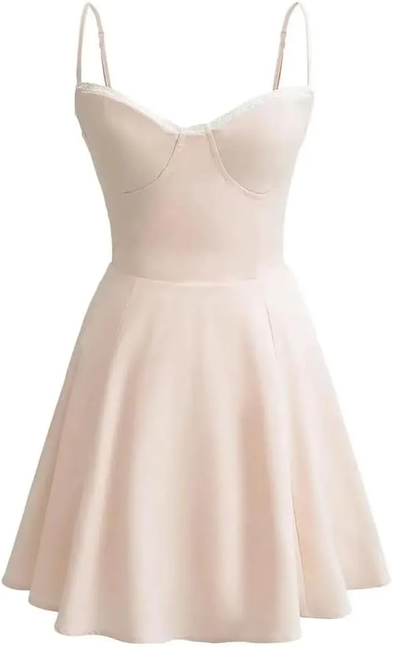 Women Camisole Lace Spliced A-Line Dress with Chest Pad Mini Dresses