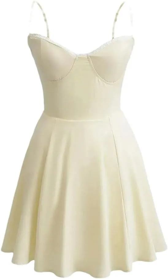 Women Camisole Lace Spliced A-Line Dress with Chest Pad Mini Dresses