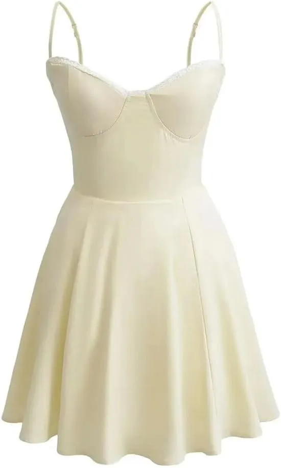 Women Camisole Lace Spliced A-Line Dress with Chest Pad Mini Dresses