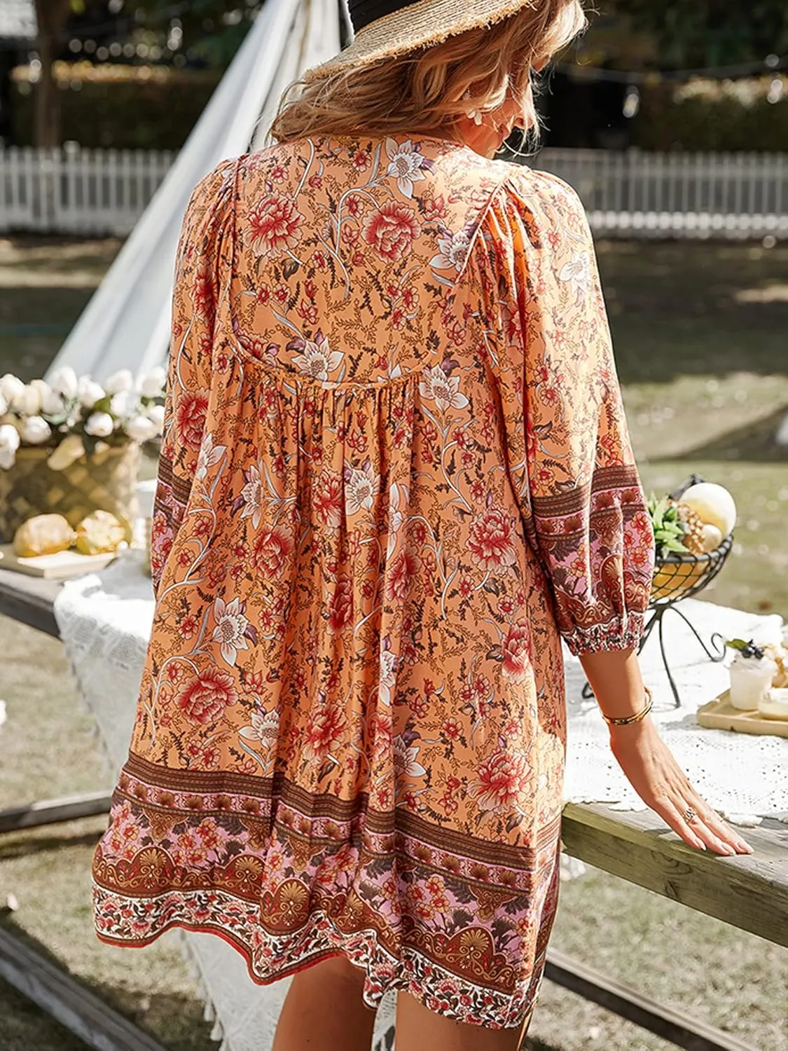 Women Casual Spring Summer Dresses V Neck 3/4 Long Sleeve Ruffle Floral Flowy Boho Babydoll Mini Short Beach Dress