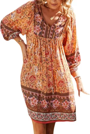 Women Casual Spring Summer Dresses V Neck 3/4 Long Sleeve Ruffle Floral Flowy Boho Babydoll Mini Short Beach Dress