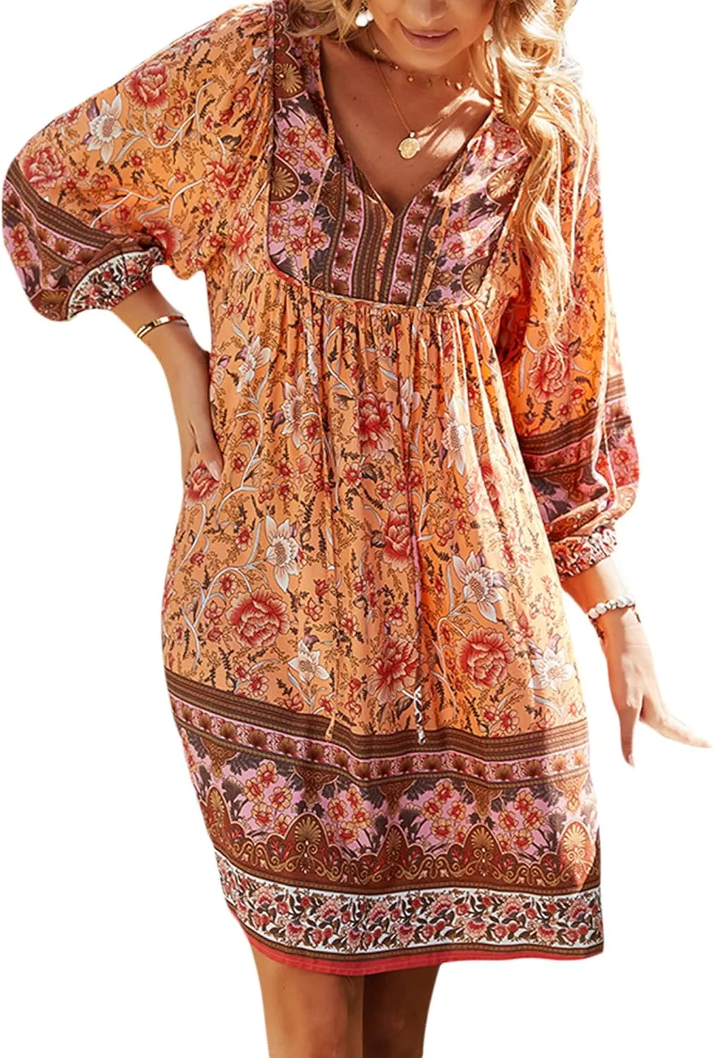 Women Casual Spring Summer Dresses V Neck 3/4 Long Sleeve Ruffle Floral Flowy Boho Babydoll Mini Short Beach Dress