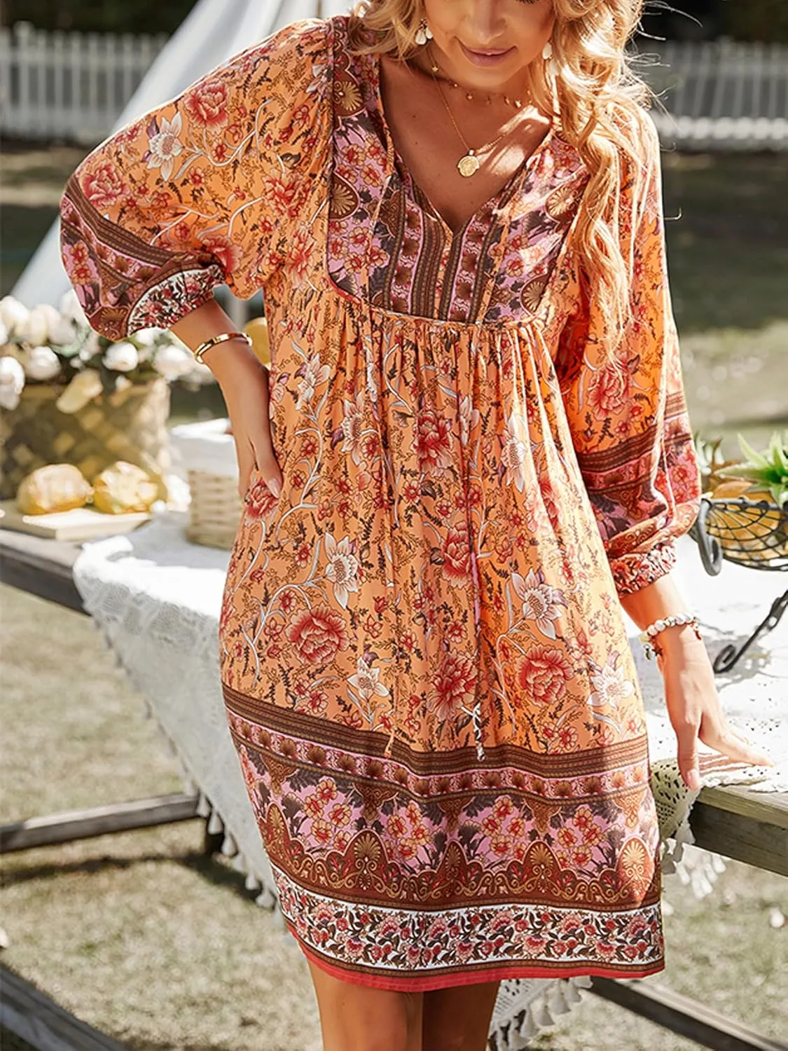 Women Casual Spring Summer Dresses V Neck 3/4 Long Sleeve Ruffle Floral Flowy Boho Babydoll Mini Short Beach Dress