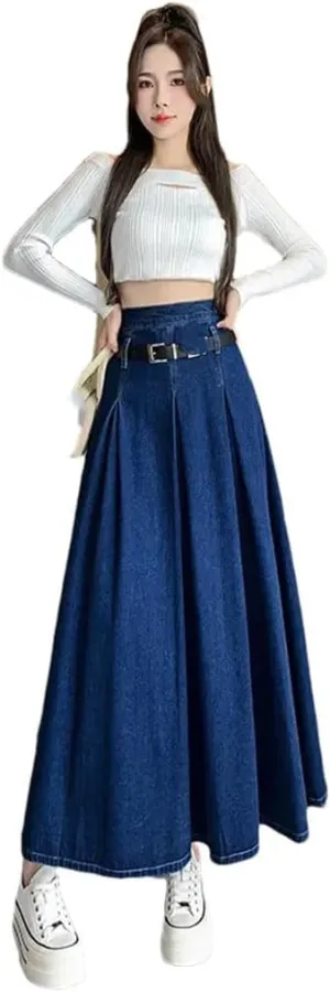 Women High-Waisted Medium-Length A- Line Umbrella Skirt Denim Skirt