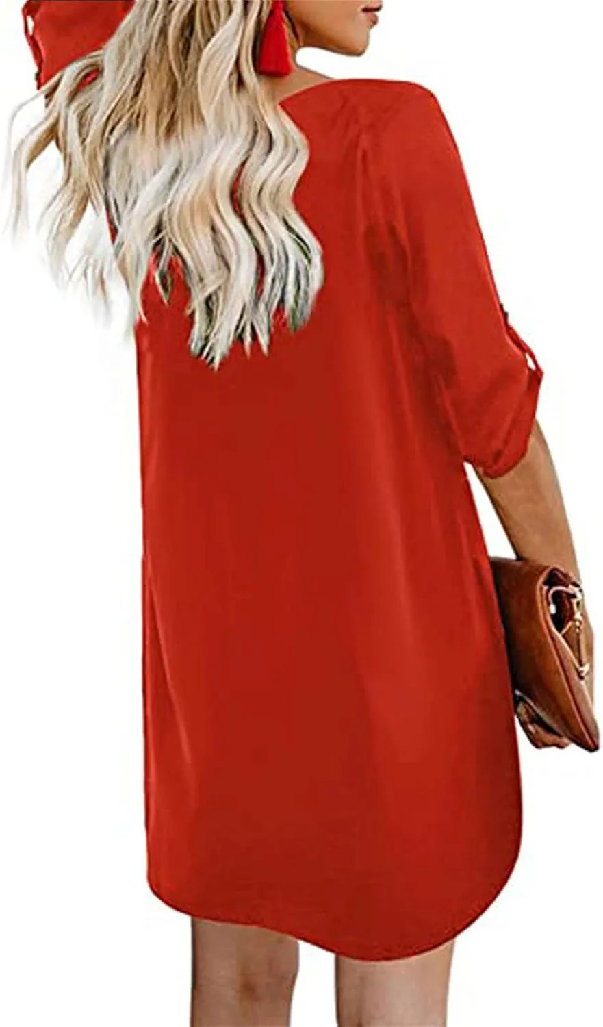 Women Summer Button Down V Neck Dress Casual 3/4 Bell Sleeve Mini Dress Loose Tunic Vintage Flowy Swing Shift Dresses