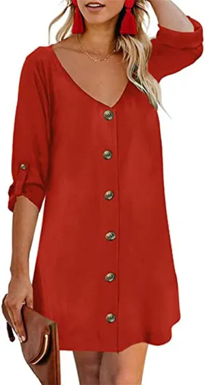 Women Summer Button Down V Neck Dress Casual 3/4 Bell Sleeve Mini Dress Loose Tunic Vintage Flowy Swing Shift Dresses