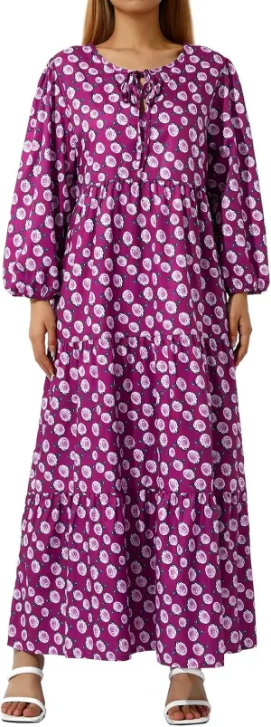 Women's Boho Casual Maxi Dress Bohemian Floral V Neck Puff Short Sleeve Summer Beach Tiered Sundress Long Swing Dress