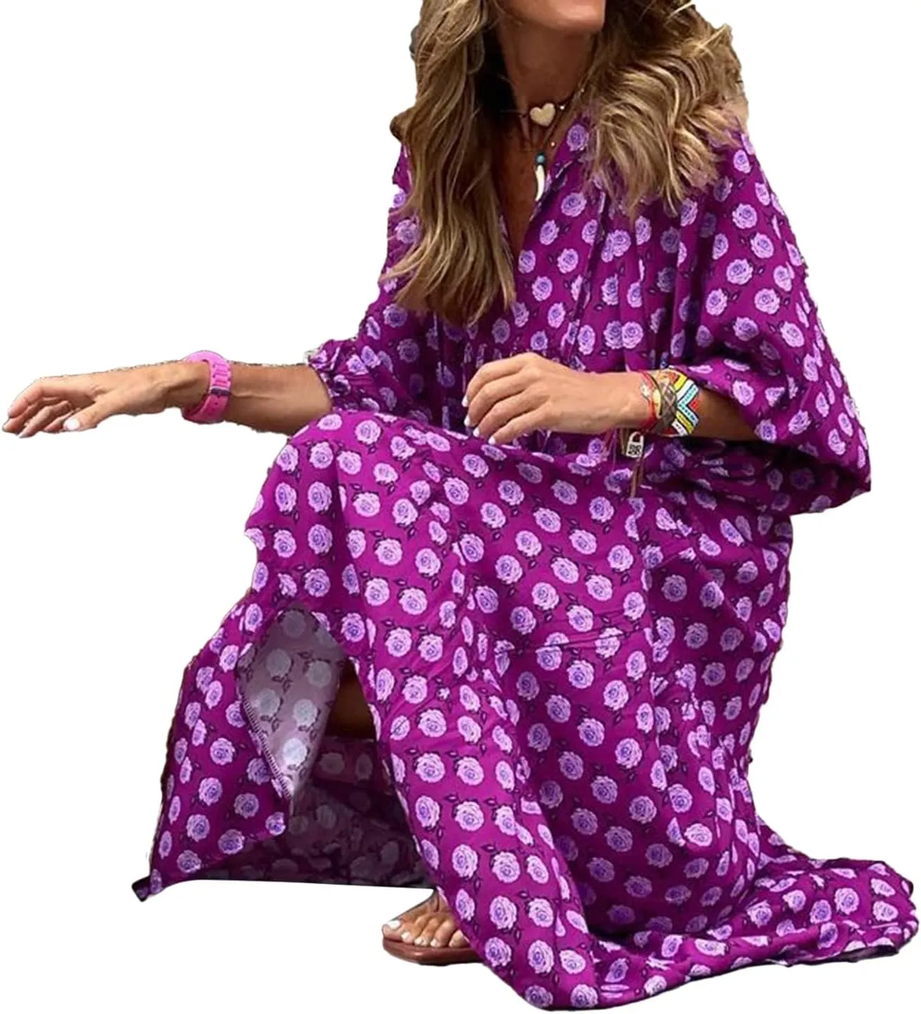 Women's Boho Casual Maxi Dress Bohemian Floral V Neck Puff Short Sleeve Summer Beach Tiered Sundress Long Swing Dress
