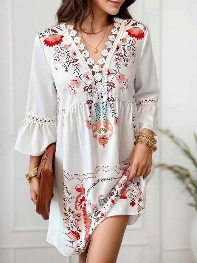 Women's Casual Lace Patchwork V Neck Boho Floral Dress Bell 3/4 Sleeve Loose Tunic Aline Summer Plus Size Midi Dresses