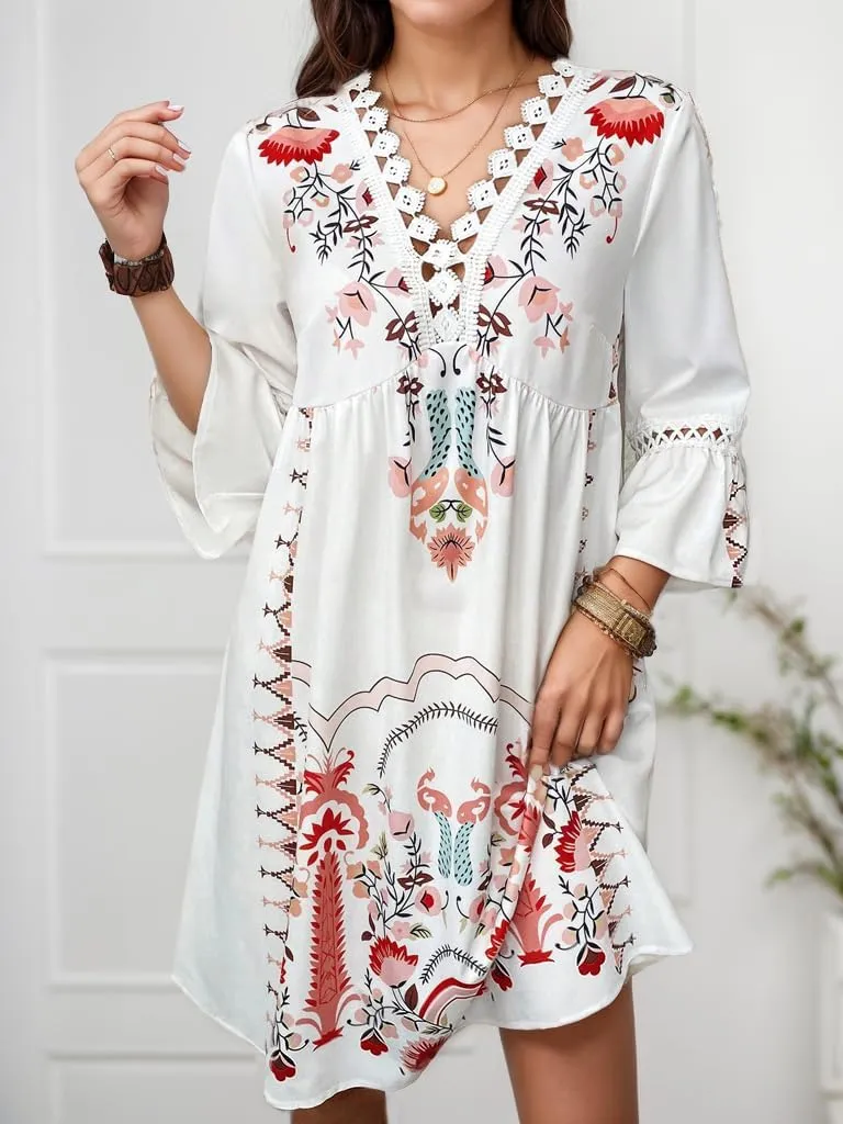 Women's Casual Lace Patchwork V Neck Boho Floral Dress Bell 3/4 Sleeve Loose Tunic Aline Summer Plus Size Midi Dresses