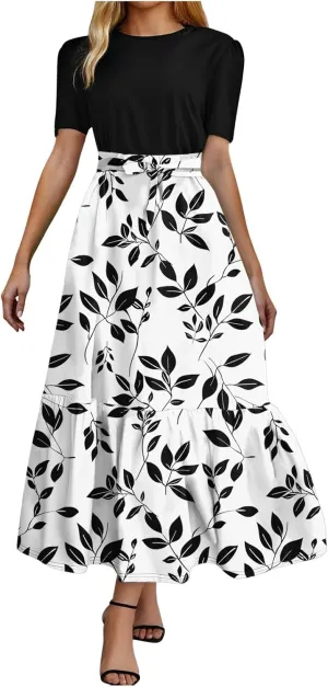 Women's Elegant Vintage High Waist Floral Print Crew Neck Maxi Dress Short Sleeve Casual Patchwork Ruffle Hem A Line Dress