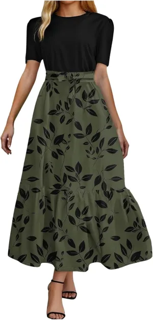 Women's Elegant Vintage High Waist Floral Print Crew Neck Maxi Dress Short Sleeve Casual Patchwork Ruffle Hem A Line Dress
