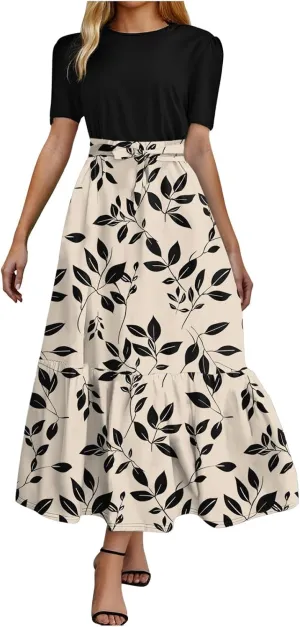 Women's Elegant Vintage High Waist Floral Print Crew Neck Maxi Dress Short Sleeve Casual Patchwork Ruffle Hem A Line Dress