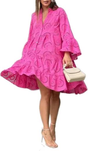Women's Lace Short Dress Casual V Neck Long Sleeve Eyelet Buttons Beach Plus Size Mini Dress Sundress