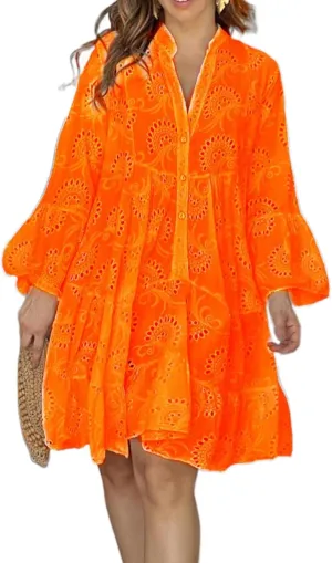 Women's Lace Short Dress Casual V Neck Long Sleeve Eyelet Buttons Beach Plus Size Mini Dress Sundress