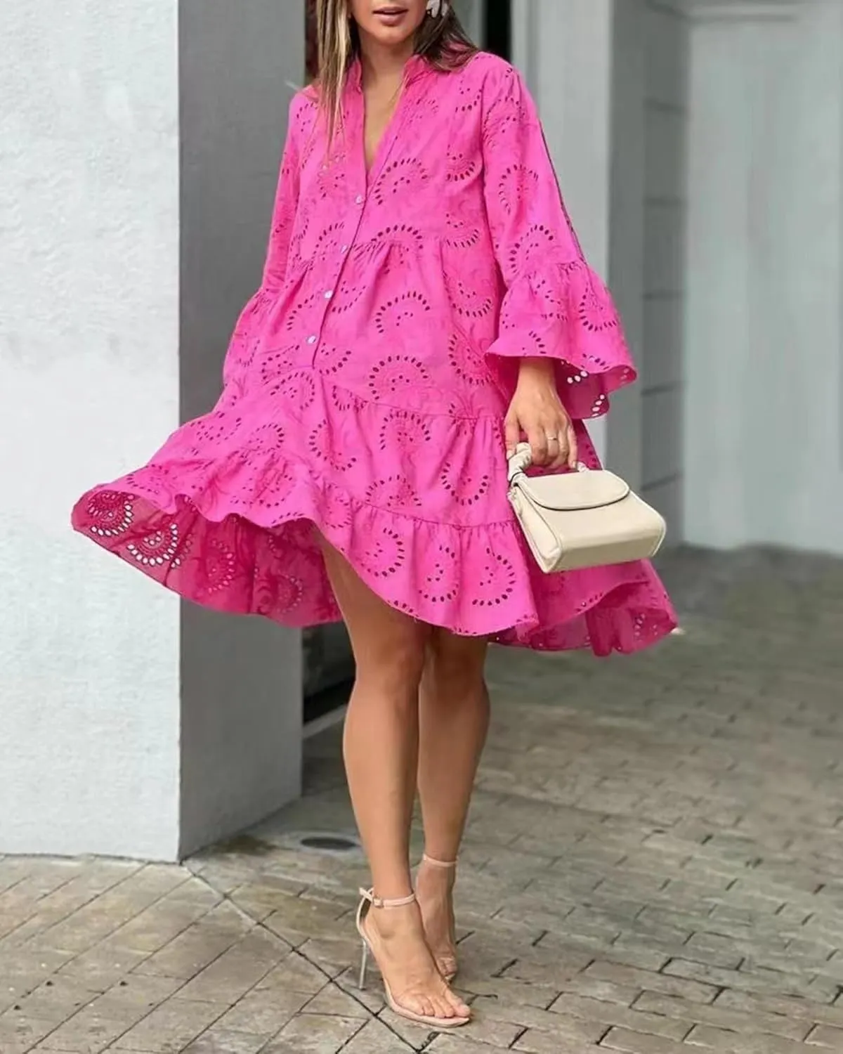 Women's Lace Short Dress Casual V Neck Long Sleeve Eyelet Buttons Beach Plus Size Mini Dress Sundress
