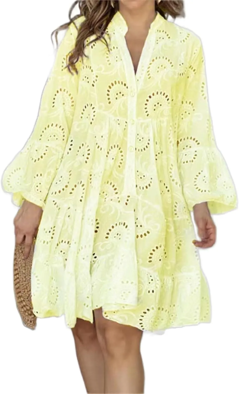 Women's Lace Short Dress Casual V Neck Long Sleeve Eyelet Buttons Beach Plus Size Mini Dress Sundress
