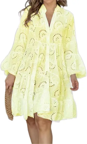 Women's Lace Short Dress Casual V Neck Long Sleeve Eyelet Buttons Beach Plus Size Mini Dress Sundress