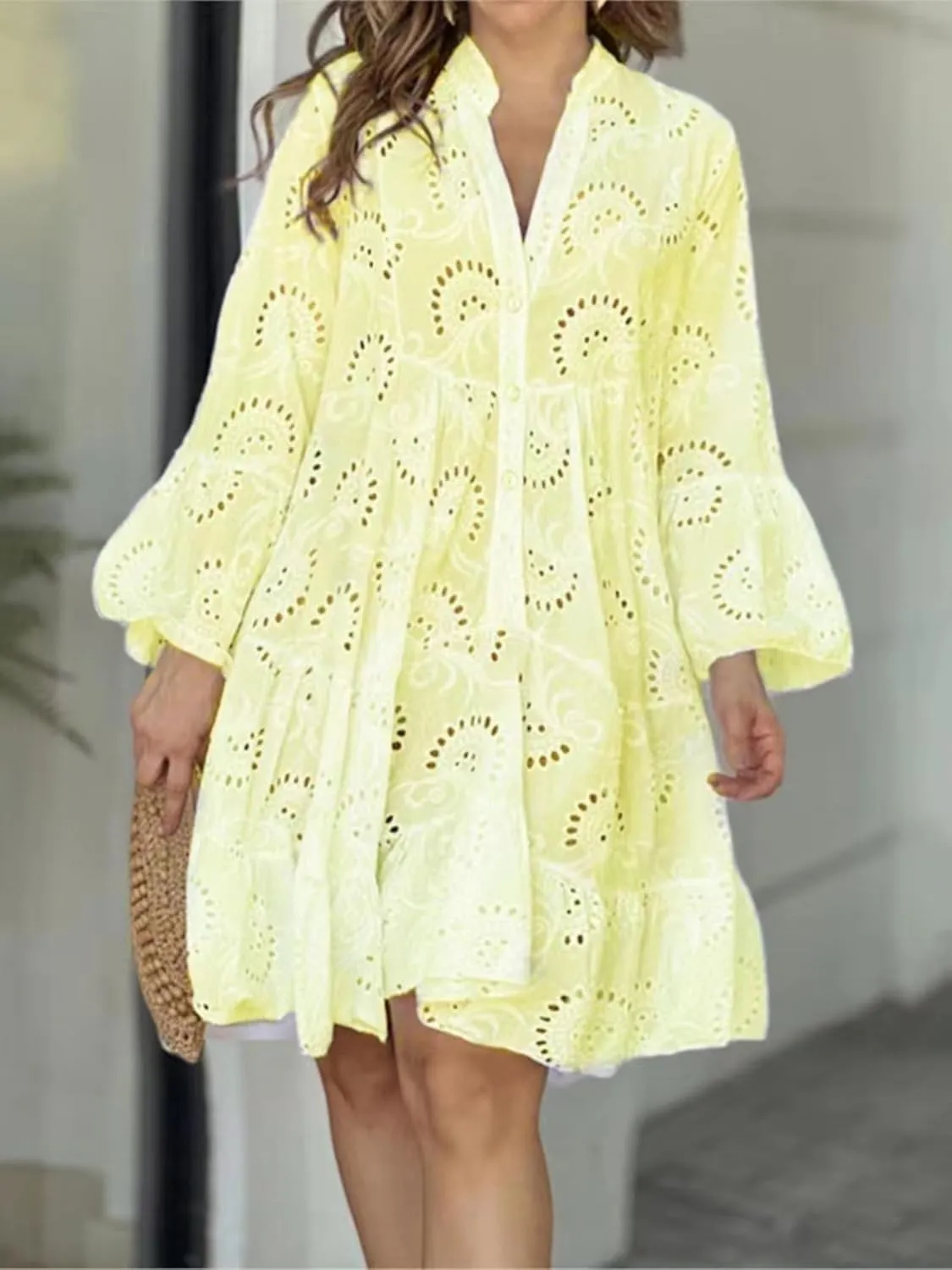Women's Lace Short Dress Casual V Neck Long Sleeve Eyelet Buttons Beach Plus Size Mini Dress Sundress
