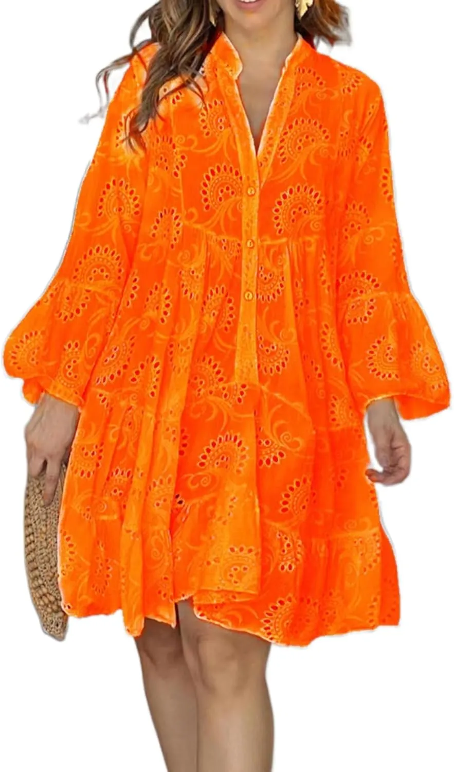 Women's Lace Short Dress Casual V Neck Long Sleeve Eyelet Buttons Beach Plus Size Mini Dress Sundress