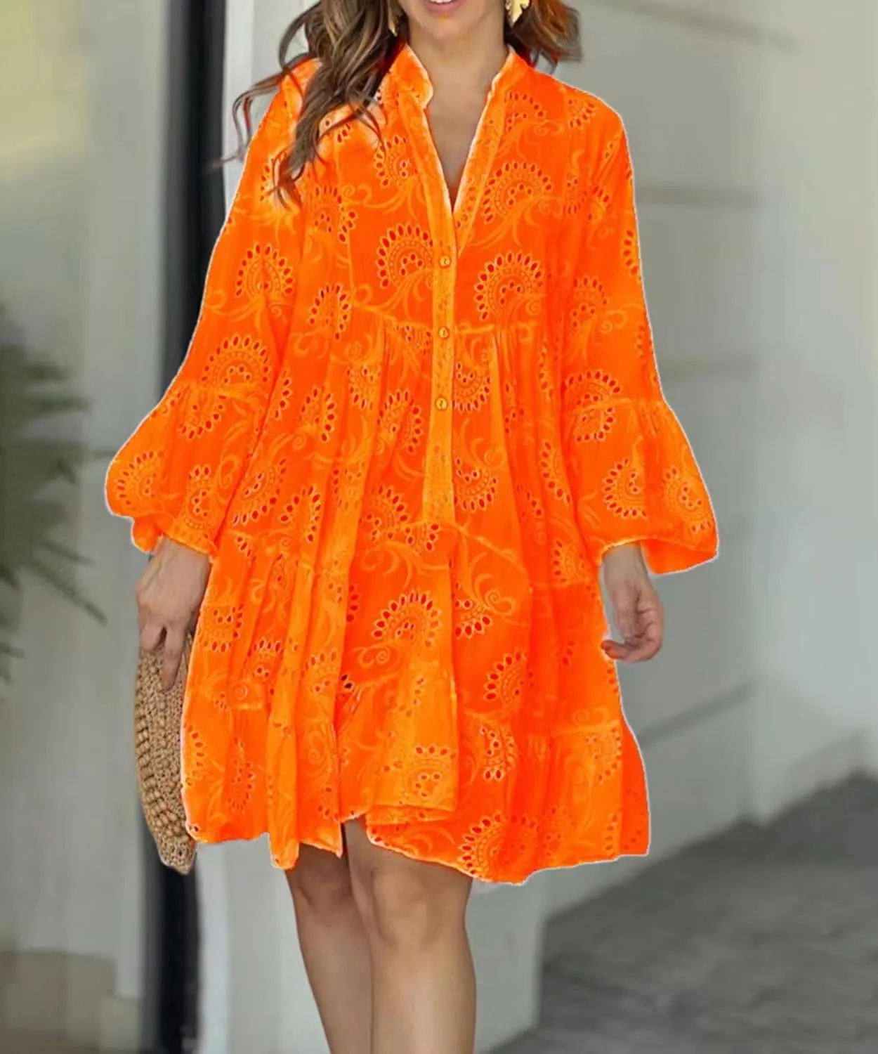 Women's Lace Short Dress Casual V Neck Long Sleeve Eyelet Buttons Beach Plus Size Mini Dress Sundress
