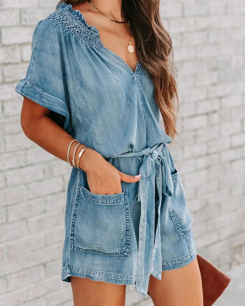Womens Ruffle Denim Romper Summer Short Sleeve V Neck Belted Jean Overall Shorts Romper With Pockets