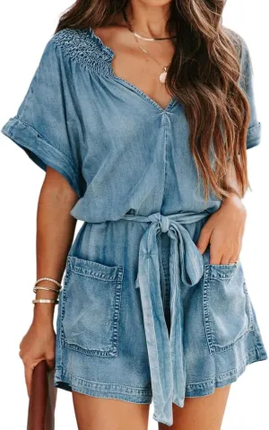 Womens Ruffle Denim Romper Summer Short Sleeve V Neck Belted Jean Overall Shorts Romper With Pockets